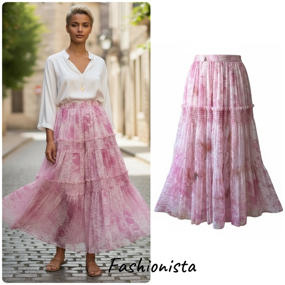 Alice + Olivia Pink Tiered Maxi Skirt